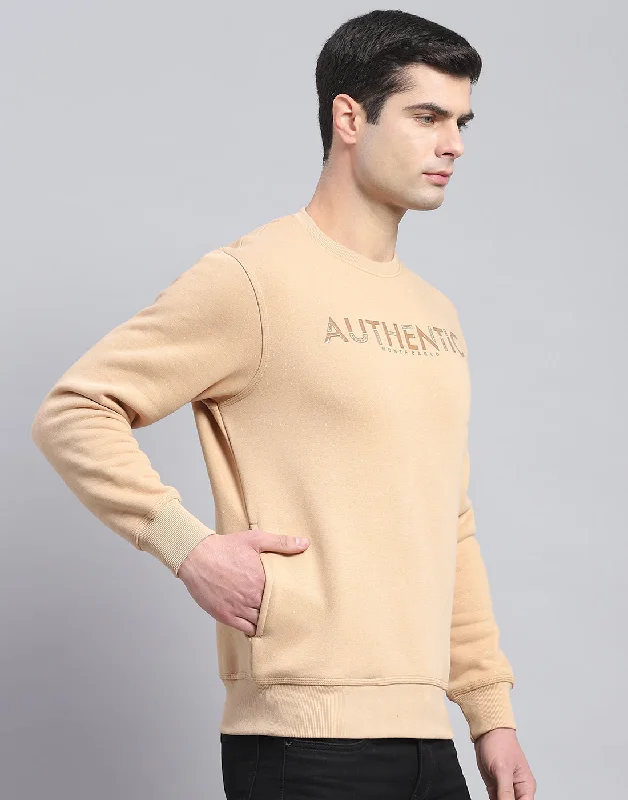 Men Beige Printed Round Neck Full Sleeve Sweatshirt