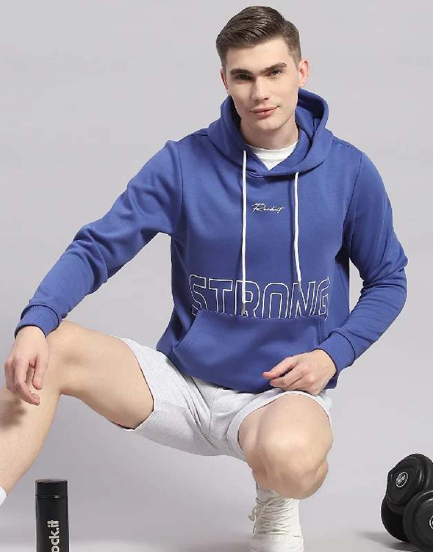 Men Blue Printed Hooded Full Sleeve Sweatshirt