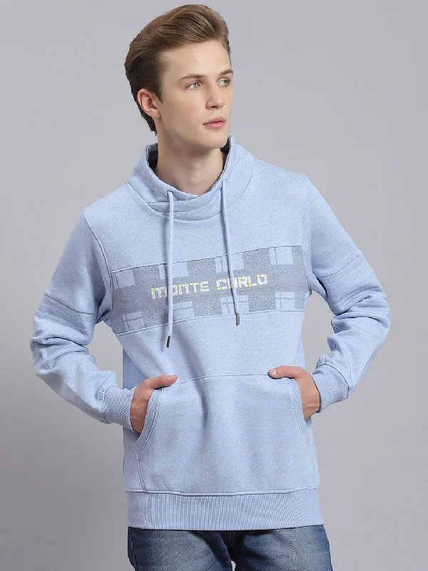 Men Blue Printed Mock Collar Full Sleeve Sweatshirt