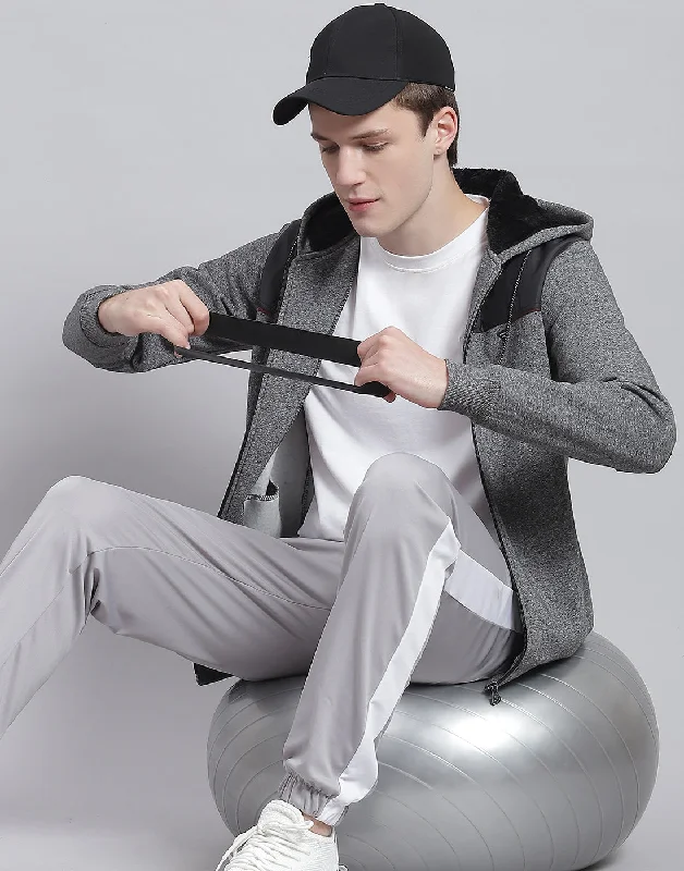 Men Grey Solid Hooded Full Sleeve Sweatshirt