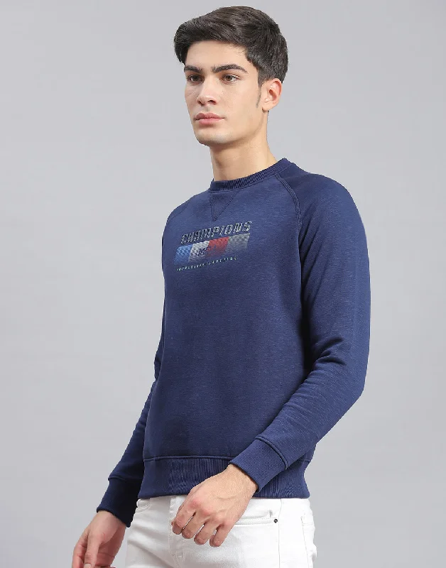 Men Navy Blue Printed Round Neck Full Sleeve Sweatshirt