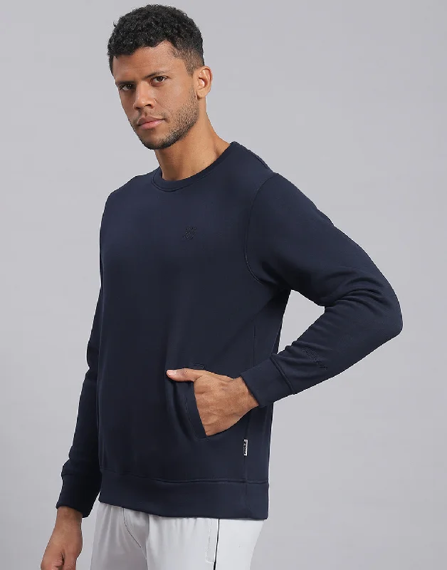 Men Navy Blue Solid Round Neck Full Sleeve Sweatshirt