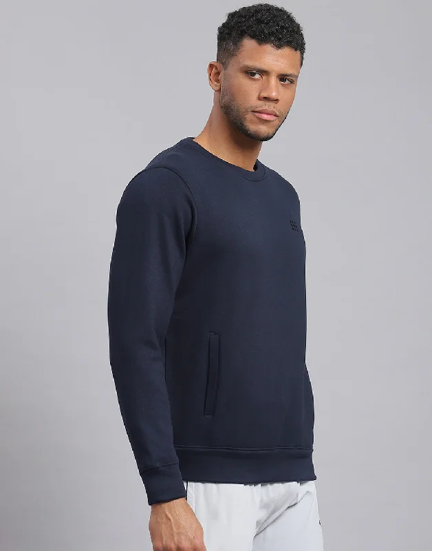 Men Navy Blue Solid Round Neck Full Sleeve Sweatshirt