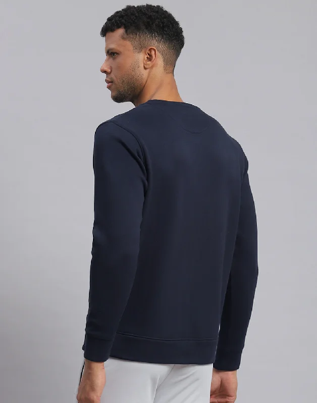 Men Navy Blue Solid Round Neck Full Sleeve Sweatshirt