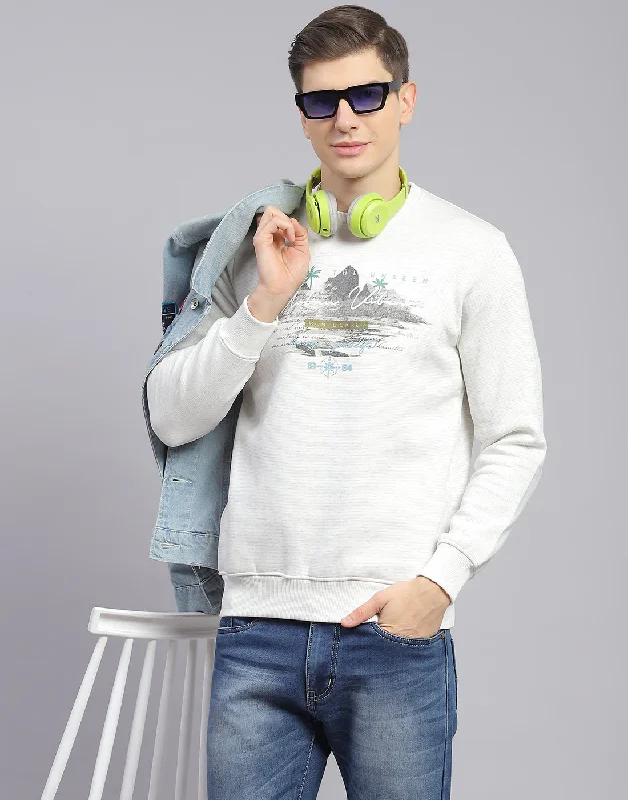 Men Off White Solid Round Neck Full Sleeve Sweatshirt