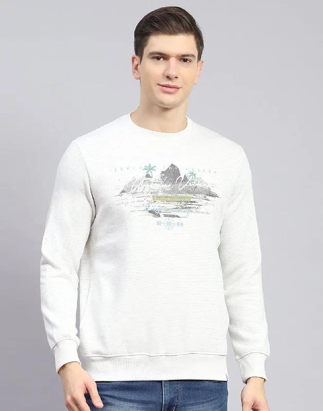 Men Off White Solid Round Neck Full Sleeve Sweatshirt