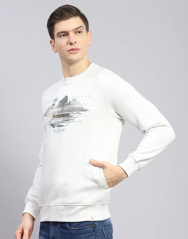 Men Off White Solid Round Neck Full Sleeve Sweatshirt