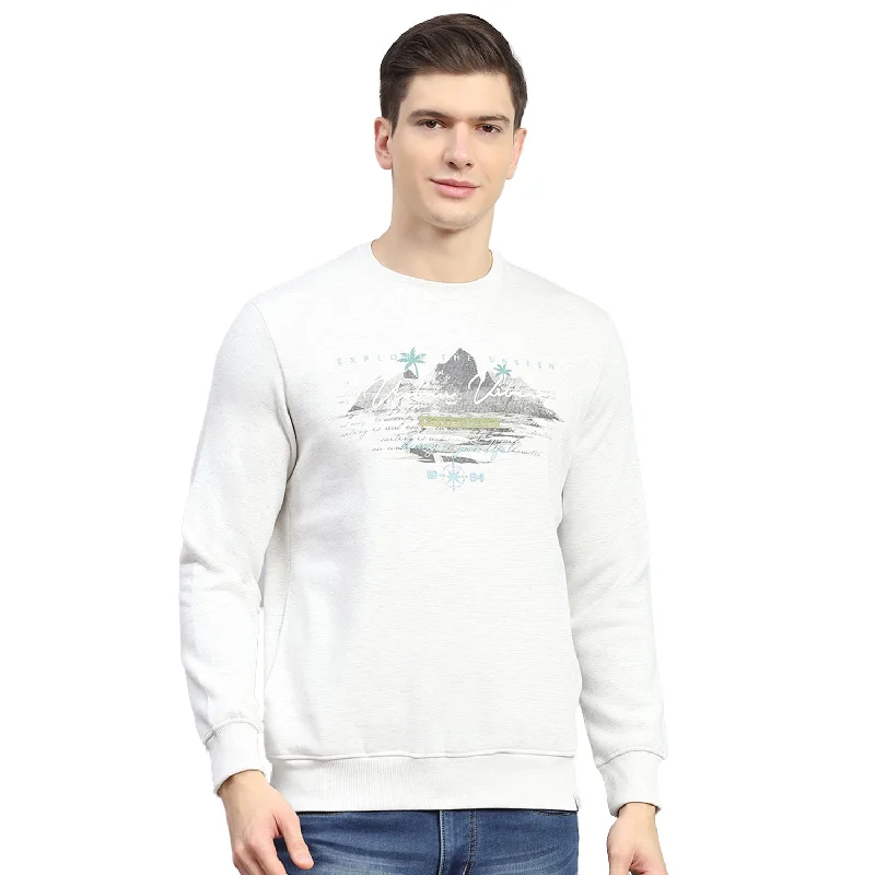 Men Off White Solid Round Neck Full Sleeve Sweatshirt