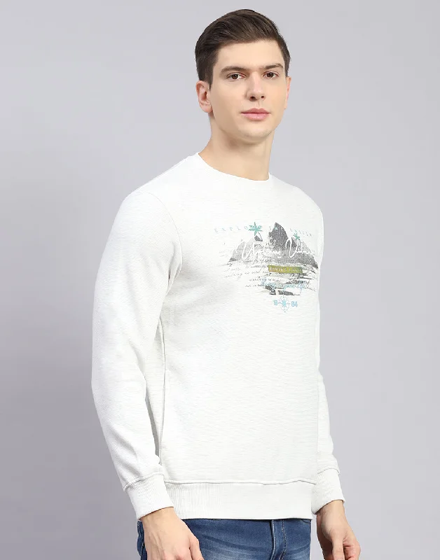 Men Off White Solid Round Neck Full Sleeve Sweatshirt