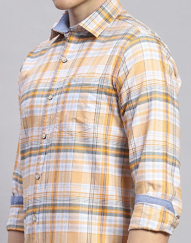 Men Orange Check Collar Full Sleeve Shirt