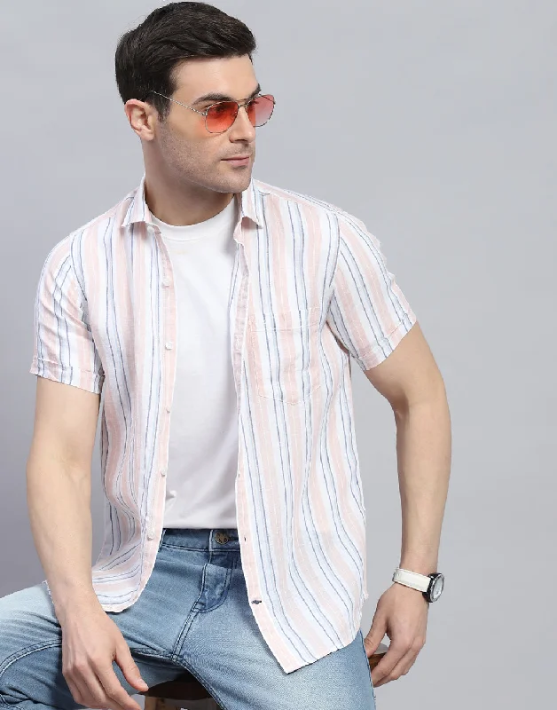 Men Peach Stripe Spread Collar Half Sleeve Shirt