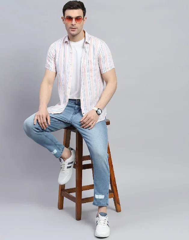 Men Peach Stripe Spread Collar Half Sleeve Shirt