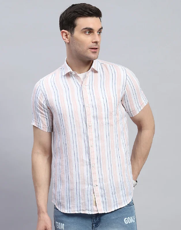 Men Peach Stripe Spread Collar Half Sleeve Shirt