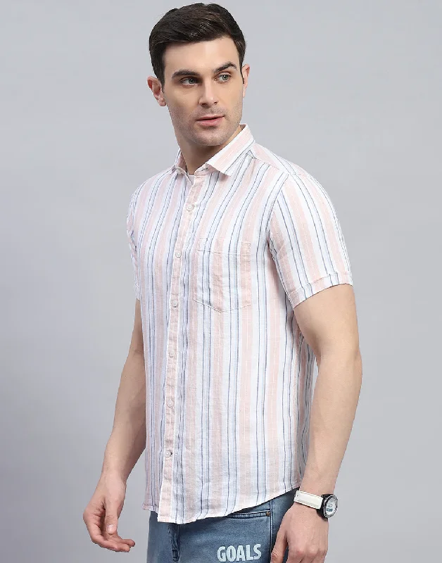 Men Peach Stripe Spread Collar Half Sleeve Shirt