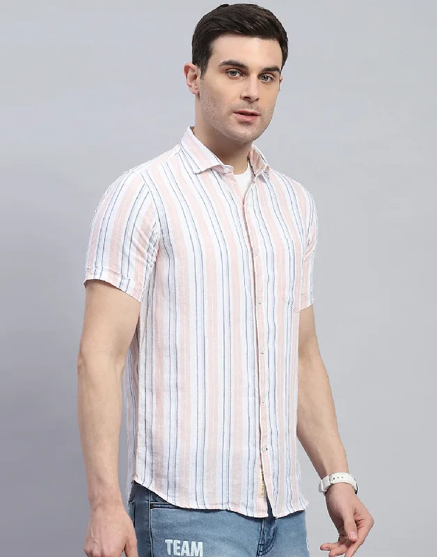 Men Peach Stripe Spread Collar Half Sleeve Shirt