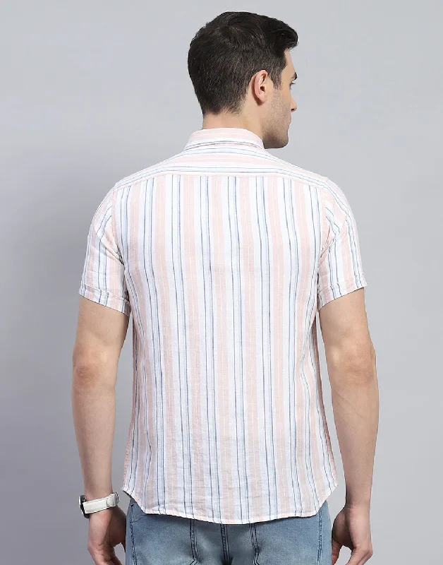 Men Peach Stripe Spread Collar Half Sleeve Shirt