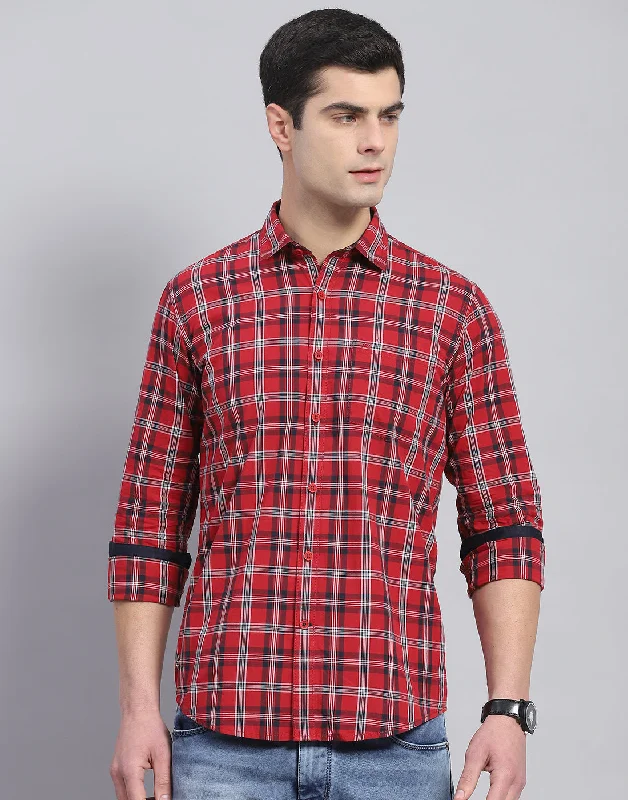 Men Red Check Collar Full Sleeve Shirt