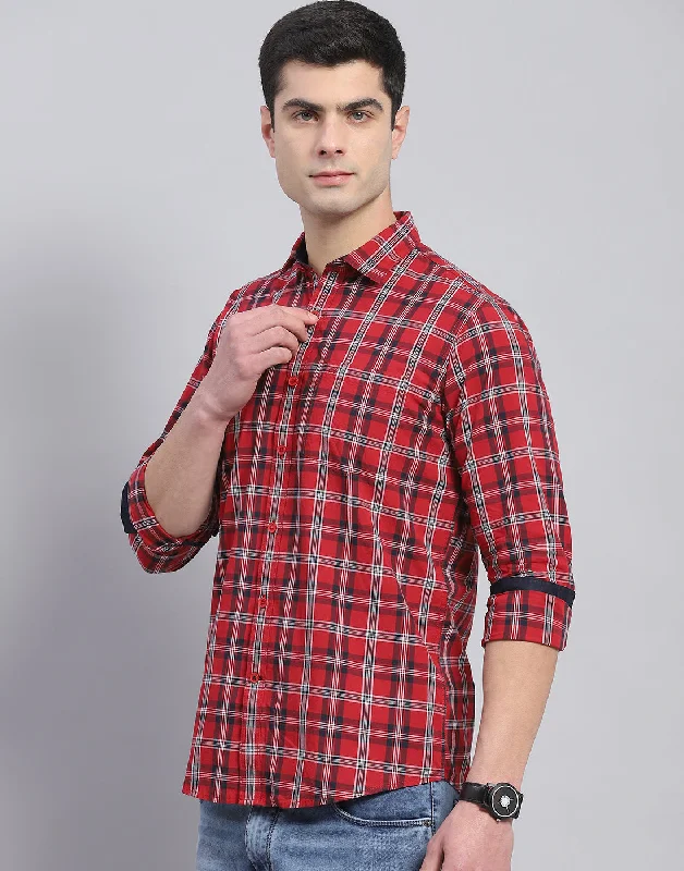 Men Red Check Collar Full Sleeve Shirt