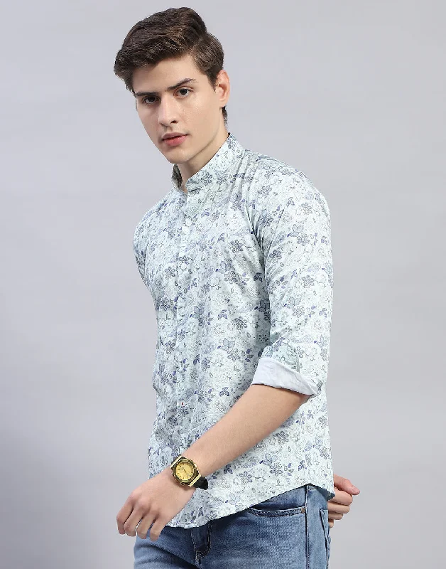 Men Sea Green Printed Mandarin Collar Full Sleeve Shirt