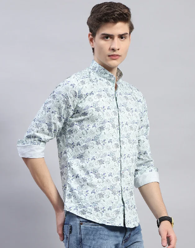 Men Sea Green Printed Mandarin Collar Full Sleeve Shirt