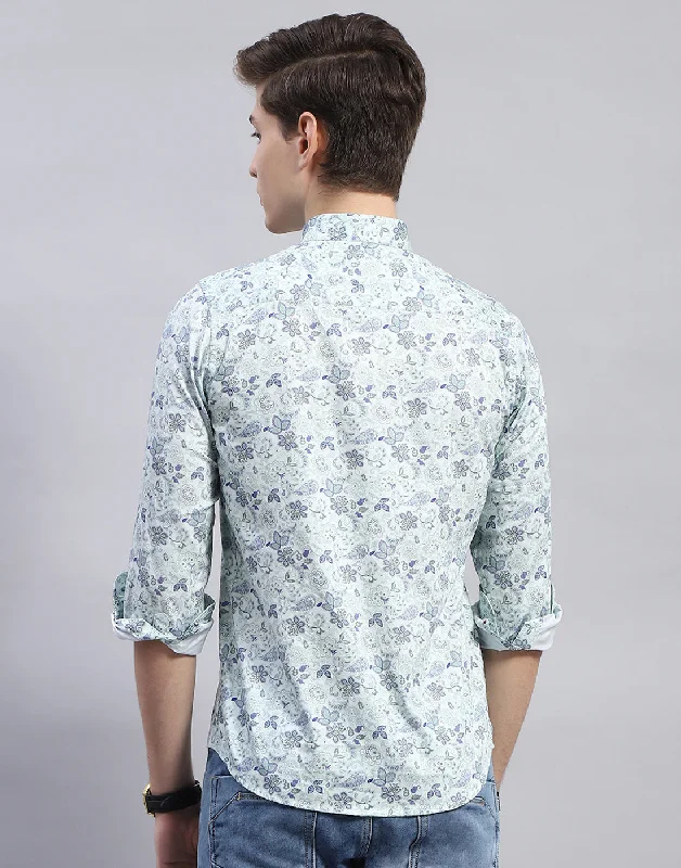 Men Sea Green Printed Mandarin Collar Full Sleeve Shirt