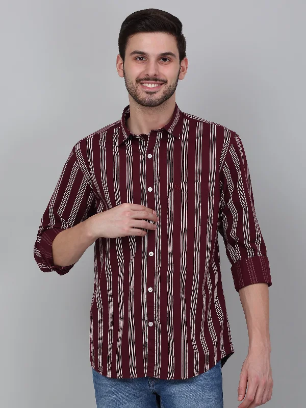 Men's Maroon Striped Full Sleeve Casual Shirt