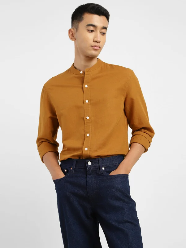 Men's Solid Slim Fit Linen Shirt Orange