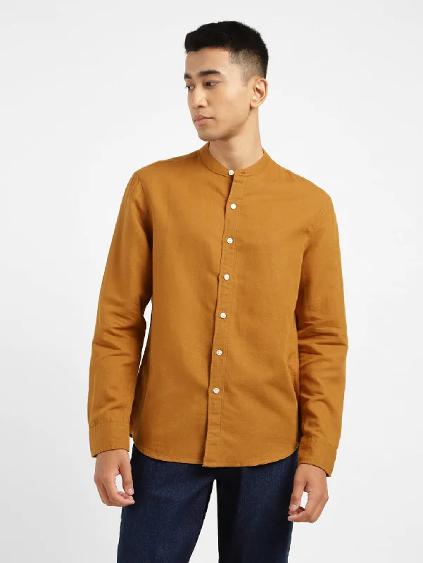 Men's Solid Slim Fit Linen Shirt Orange