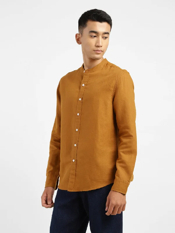 Men's Solid Slim Fit Linen Shirt Orange