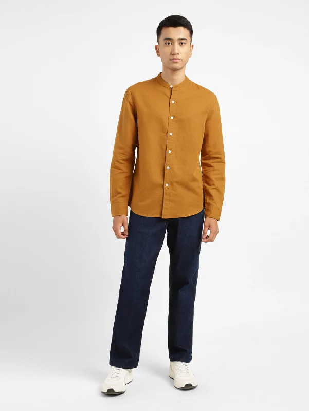 Men's Solid Slim Fit Linen Shirt Orange