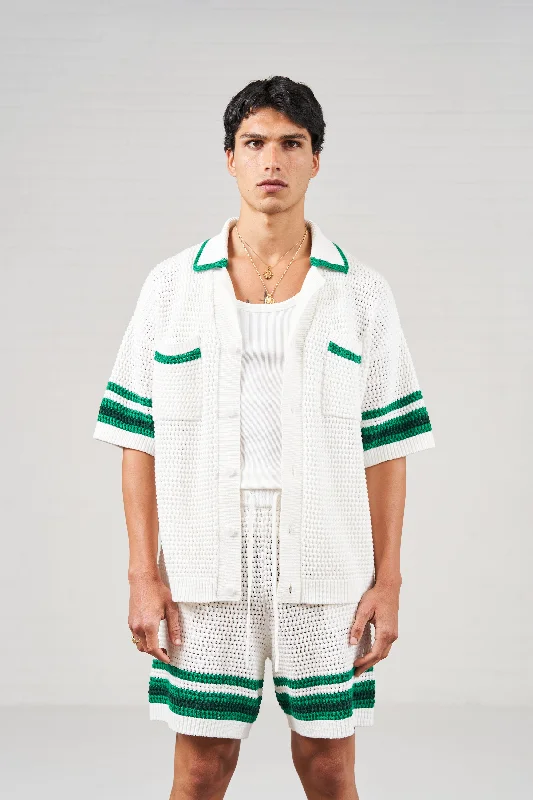 STRIPE TRIM CROCHET KNITTED SHIRT - WHITE