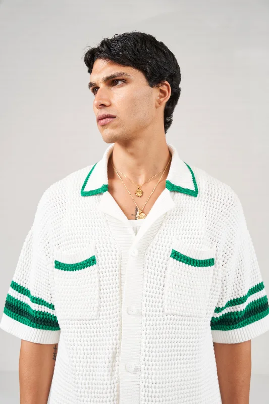 STRIPE TRIM CROCHET KNITTED SHIRT - WHITE