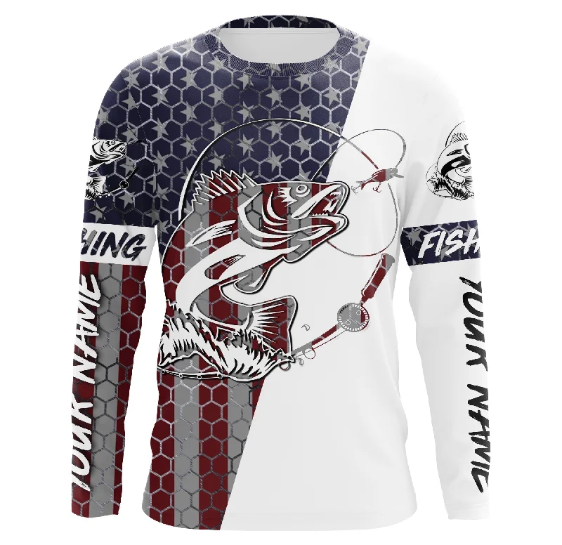 Bluejose Walleye Fishing American Flag Custom Long Sleeve Performance Fishing Shirts, Personalized Patriotic Fishing