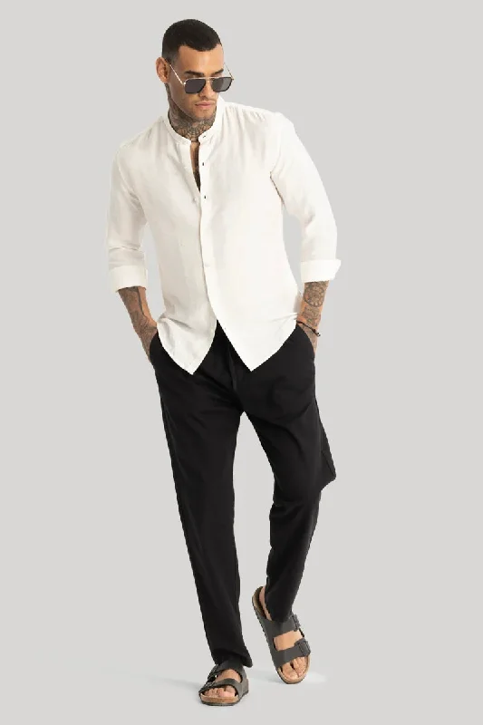 White Crushed Mandarin Collar Shirt