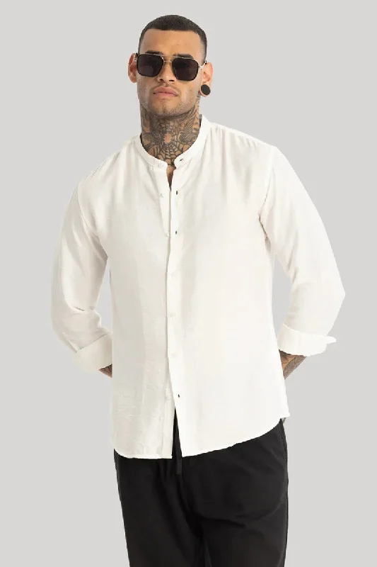 White Crushed Mandarin Collar Shirt