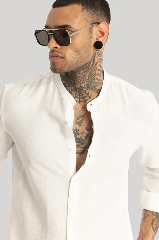 White Crushed Mandarin Collar Shirt