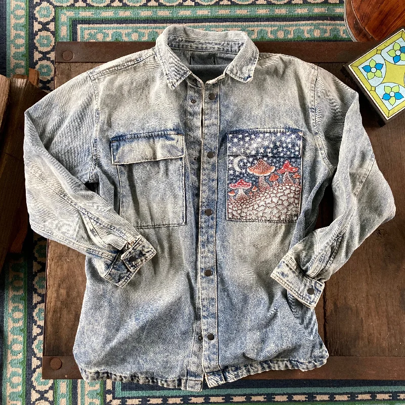 Denim Jacket with Hand Painted Mushroom Pocket